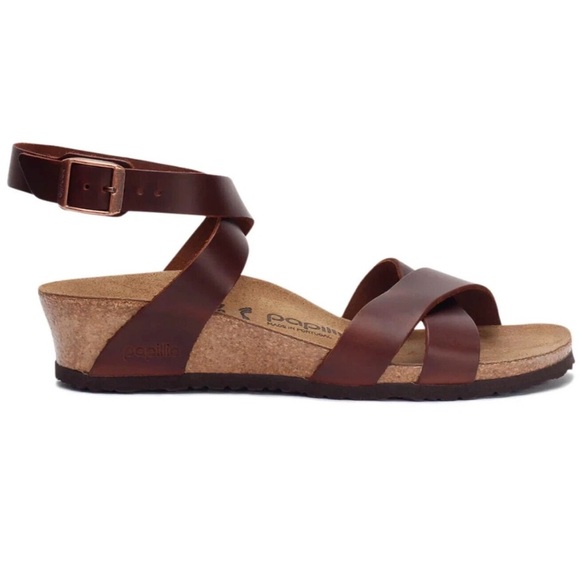 Papillio By BIRKENSTOCK Lola Leather Wedge Sandal Women EU 38 Cognac Brown - Picture 7 of 16